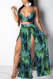 Red Fashion Sexy Print Backless Slit V Neck Sleeveless Two Pieces