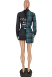 Green Fashion Sexy Adult Polyester Plaid Patchwork Split Joint With Belt V Neck Long Sleeve Mini Shirt Dress Dresses