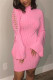 Pink Fashion Casual Solid Strap Design Turtleneck Long Sleeve Dress Dresses