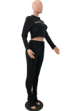 Black Casual Print Letter Turtleneck Long Sleeve Two Pieces