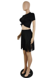 Black Casual Solid Tassel O Neck Short Sleeve Two Pieces