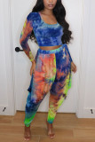 Blue Sexy Casual Spandex Blends Print Tie-dye Pullovers Pants U Neck Nine Points Sleeve Regular Sleeve Short Two Pieces