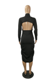 Blue Sexy Solid Hollowed Out Turtleneck Pencil Skirt Dresses