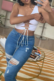 White Sexy Street Solid Split Joint Frenulum One Shoulder Tops