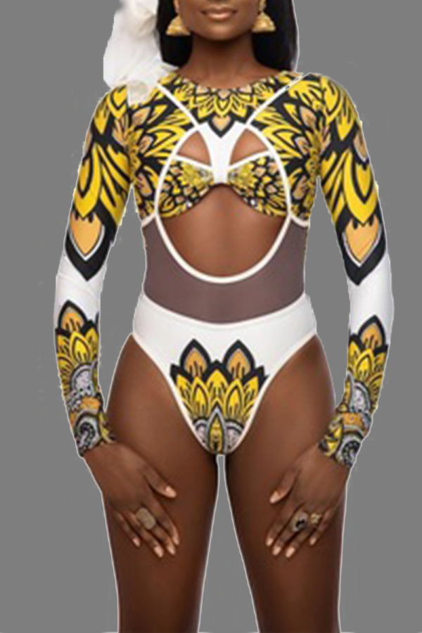 White Sexy Print Split Joint Mesh Swimwears