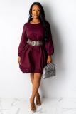Brown Casual lantern sleeve Long Sleeves O neck Lantern skirt Knee-Length Solid Casual Dresses
