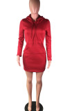 Wine Red Polyester Street Cap Sleeve Long Sleeves Hooded Step Skirt Knee-Length Solid