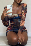 Multicolor Fashion Sexy Print Basic Square Collar Long Sleeve Dresses