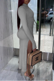 Grey Sexy Solid High Opening Slit Half A Turtleneck Pencil Skirt Dresses