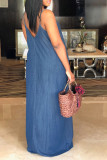 Blue Fashion Casual Spaghetti Strap Sleeveless V Neck A-Line Floor-Length Old washing Dresses