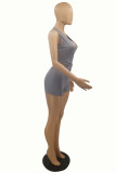 Grey Fashion Sexy Solid Hollowed Out V Neck Skinny Romper