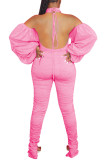 Pink Fashion Sexy Adult Knitting Solid Backless Halter Straight Jumpsuits