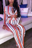 Multi-color Elastic Fly High Striped Straight Pants Jumpsuits & Rompers