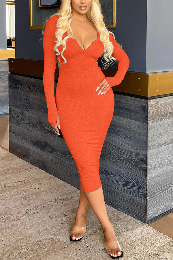 Orange Sexy Casual Pit Article Fabrics Patchwork Solid Patchwork Backless Basic V Neck Long Sleeve Knee Length Pencil Skirt Dresses