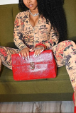 Khaki Sexy Print Patchwork Zipper Collar Skinny Jumpsuits