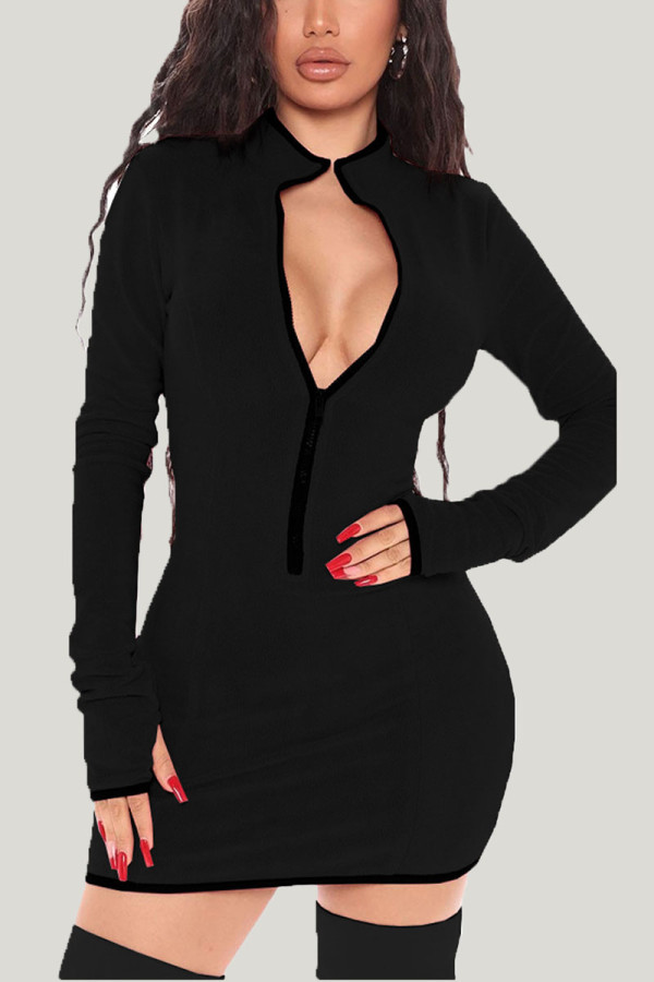 Black Daily Solid Patchwork Zipper Collar Wrapped Skirt Dresses