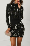 Black Sexy Sleeve Long Sleeves O neck A-Line skirt Beading Dresses