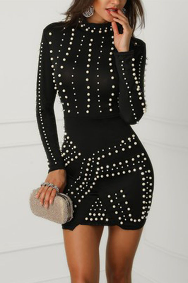 Black Sexy Sleeve Long Sleeves O neck A-Line skirt Beading Dresses