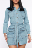 Blue Fashion Casual Solid Basic Turndown Collar Denim Dress