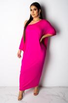 rose red Polyester Sexy Fashion Cap Sleeve Half Sleeves O neck Asymmetrical Ankle-Length Patchwork Solid Cas