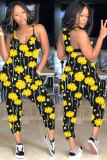 Yellow Fashion Sexy Floral Print Patchwork Sleeveless Slip Jumpsuits