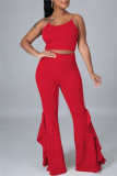 Red Sexy Casual Solid Backless Spaghetti Strap Sleeveless Two Pieces