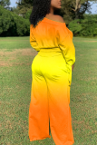 Orange Yellow Casual Patchwork Tie-dye One Shoulder Long Sleeve Two Pieces