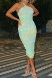 Light Green Fashion Sexy Print Tie Dye Backless Fold Halter Sleeveless Dress
