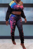 Black Casual Print Patchwork V Neck Long Sleeve Two Pieces