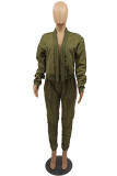 Green Fashion Casual Solid Cardigan Pants Long Sleeve Two Pieces