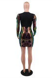 Gold Fashion Sexy Patchwork Sequins V Neck Long Sleeve