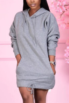 Grey Fashion Casual Solid Basic Hooded Collar Long Sleeve Dress Dresses