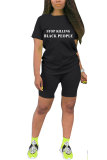 Black Cotton Fashion Active Casual Letter Draped Straight Short Sleeve Two Pieces