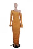 Orange Polyester Fashion Sexy adult Bell sleeve Long Sleeves one shoulder collar Step Skirt Ankle-Length Pa