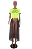 Fluorescent green Polyester O Neck Short Sleeve Fluorescent Letter crop top Solid Tees & T-shirts
