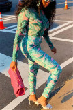 Multicolor Fashion Sexy Print See-through O Neck Long Sleeve Two Pieces