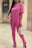 Red Fashion Casual Solid Slit Asymmetrical O Neck Short Sleeve Two Pieces