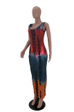 Burgundy Sexy Casual Tie Dye Printing U Neck Vest Dress