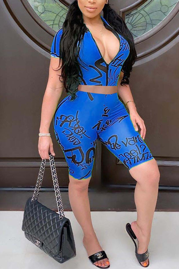 Blue Fashion Casual adult Ma'am Patchwork Print Two Piece Suits Straight Short Sleeve Two Pieces