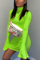 Fluorescent green Fashion Sexy Adult Milk Fiber Solid Split Joint Turtleneck Long Sleeve Mini A Line Dresses
