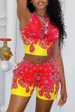 Red Street Print Patchwork O Neck Sleeveless Two Pieces