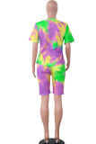 purple venetian Fashion Casual adult Ma'am Patchwork Print Character Tie Dye Two Piece Suits pencil Short Sleeve Two Pieces