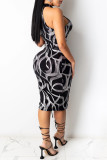 Blue Fashion Sexy Print Hollowed Out O Neck Sleeveless Dress