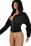 Black Polyester hooded Long Sleeve Solid Zippered Tops