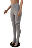 Blue Fashion Casual Solid Slit Regular High Waist Conventional Solid Trousers