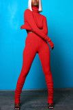 Red Casual Solid Fold Turtleneck Long Sleeve Two Pieces