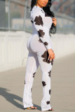 White Casual Print Patchwork zipper Long Sleeve O Neck Jumpsuits
