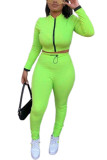 Fluorescent green Fashion British Style Adult Polyester Solid Draw String O Neck Long Sleeve Cap Sleeve Short Two Pieces