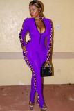 purple Sexy Patchwork Leopard grain Polyester Long Sleeve O Neck Jumpsuits