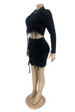 Black Fashion Sexy Solid Draw String Turndown Collar Long Sleeve Two Pieces